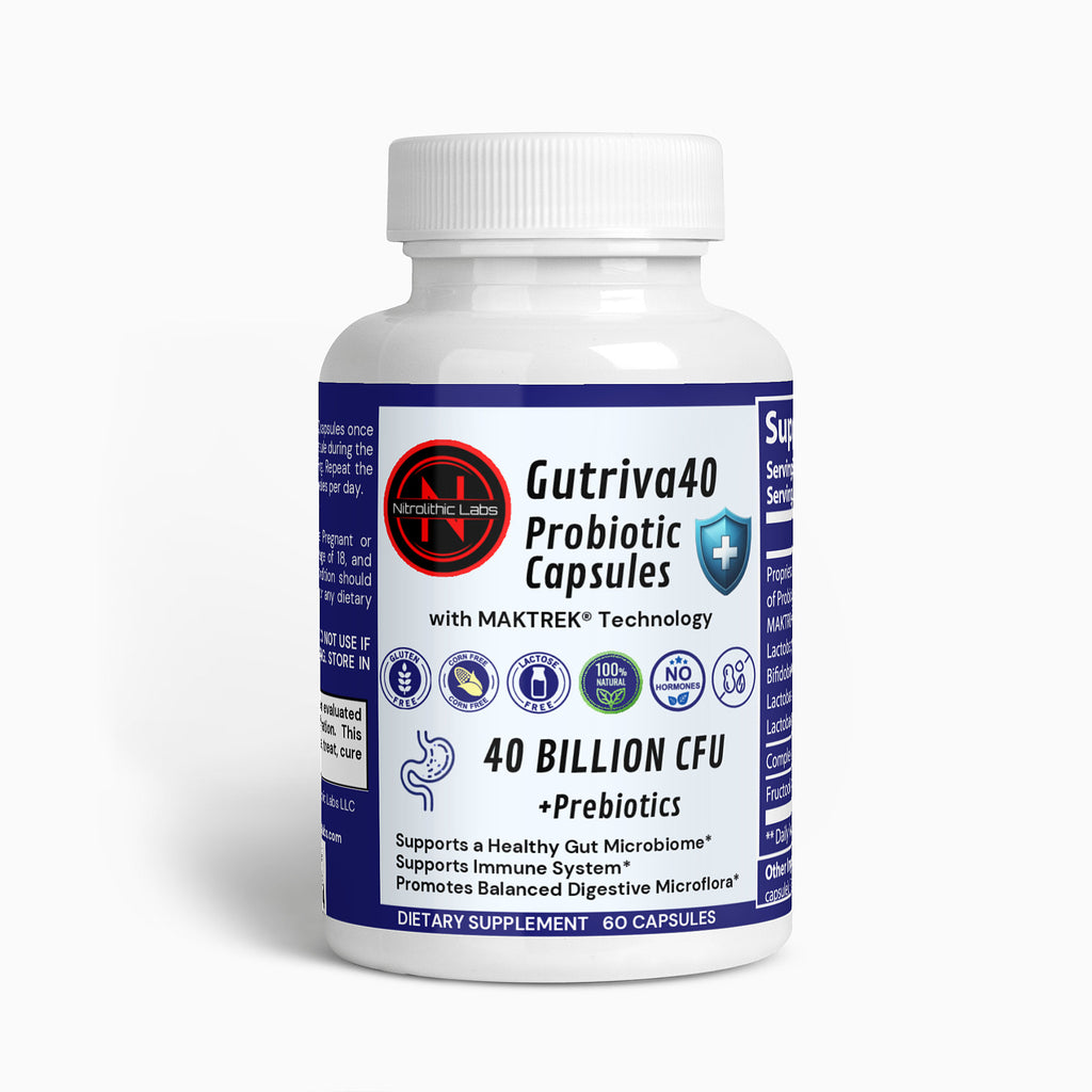 Nitrolithic Labs | Gutriva40 Probiotic | 40 Billion CFU +Prebiotics | 60 Caps | Gut Health